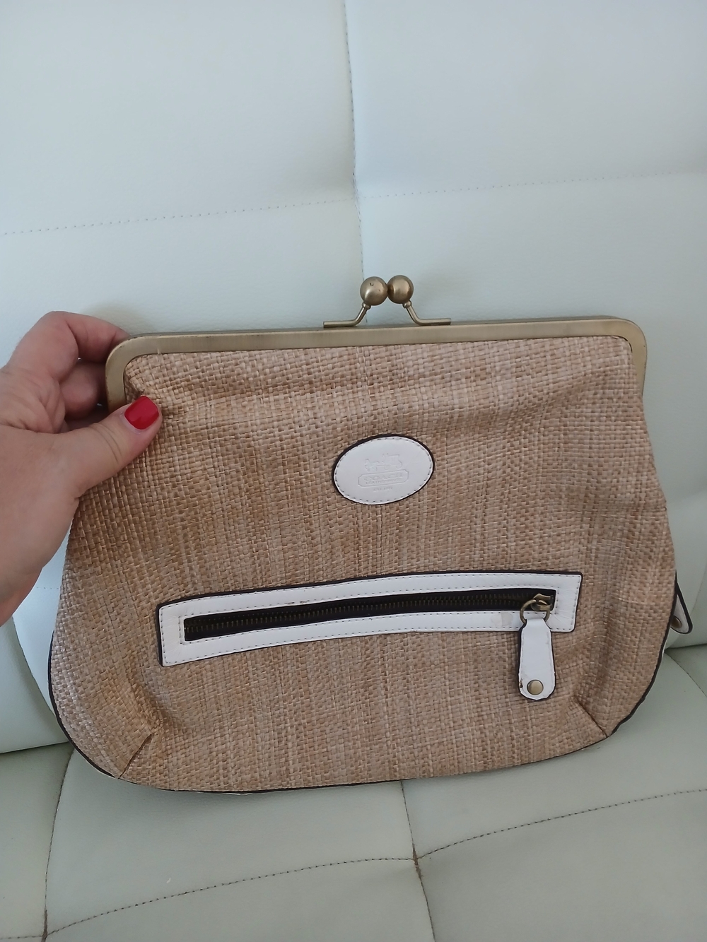Coach Beige Woven Frame-Top Clutch with White Trim. Vintage